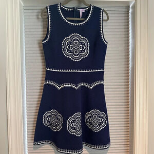 Blue A-line dress with white embroidery B-17